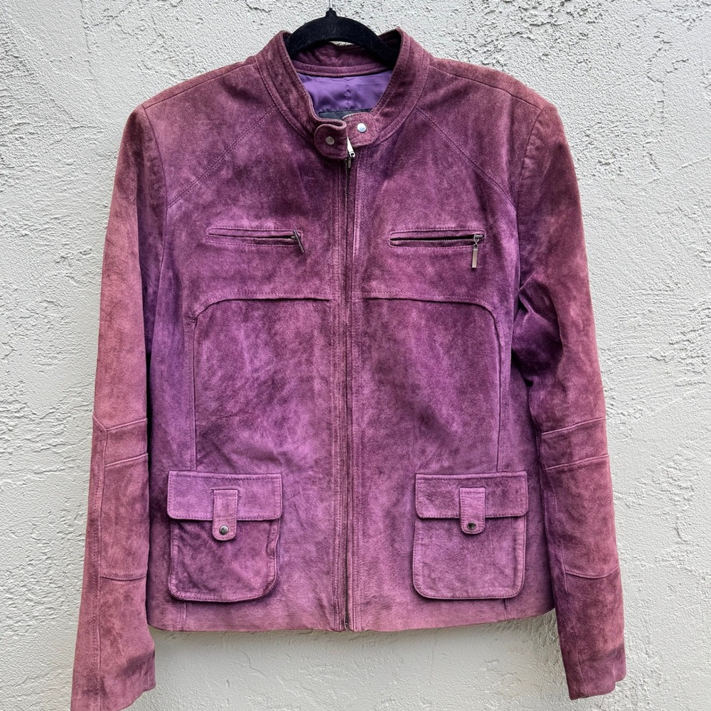 Women's Suede Leather Pockets Jacket Moto Biker Glam Bomber Plum